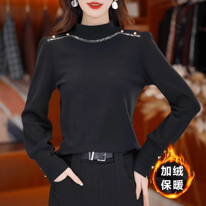 时尚烫钻半高领长袖上衣女秋冬新款H气质妈妈装洋气显瘦打底衫