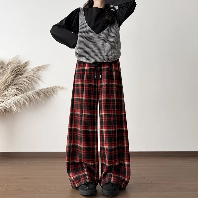 秋冬爆款新款格子直筒红色阔腿裤女松弛感高腰垂感百搭显瘦宽松裤