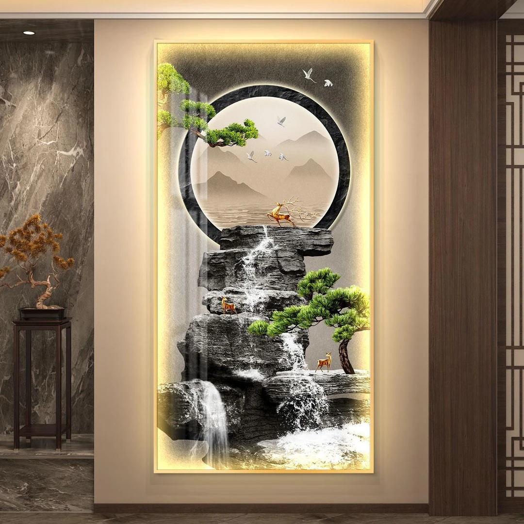 流水生财轻奢led带灯入户玄关装饰画简约现代挂画壁画过道高级感