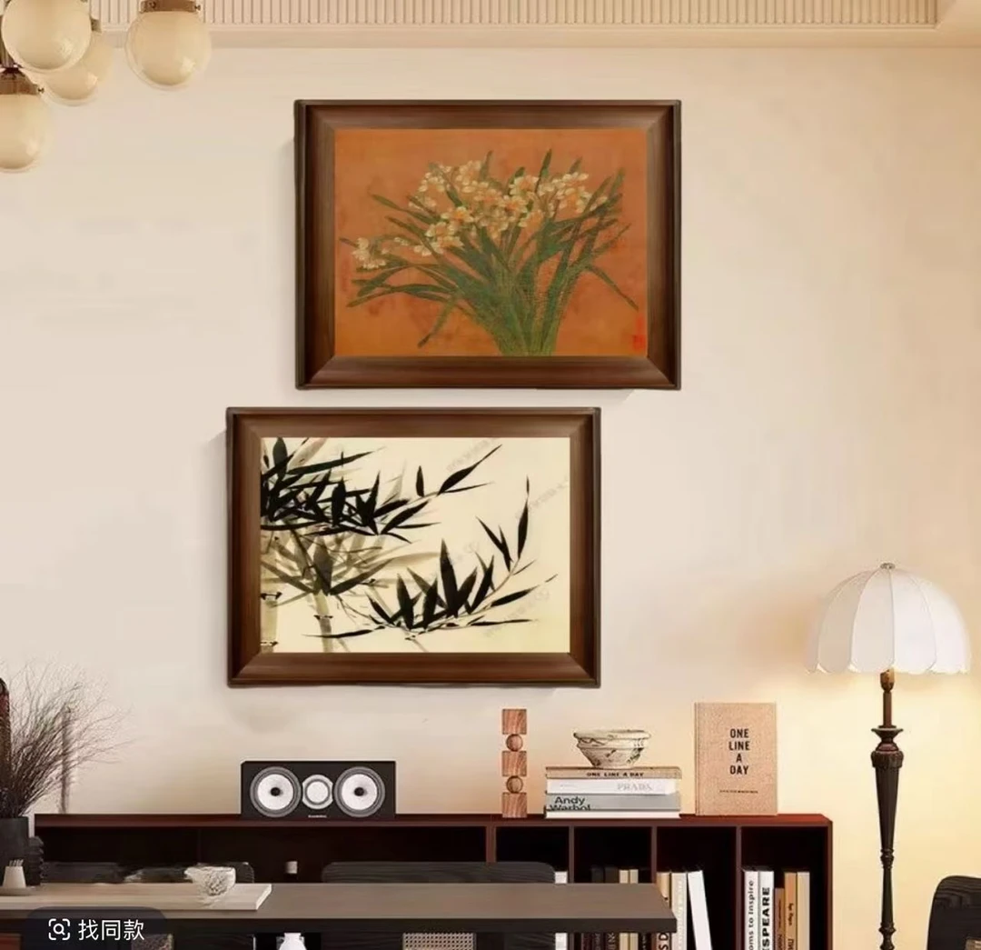 中古风客厅装饰画美式复古沙发背景墙挂画高档大气感植物两联H21