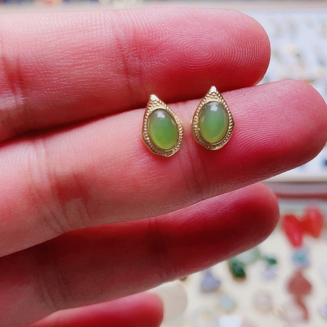 和田玉银S925镶嵌耳饰