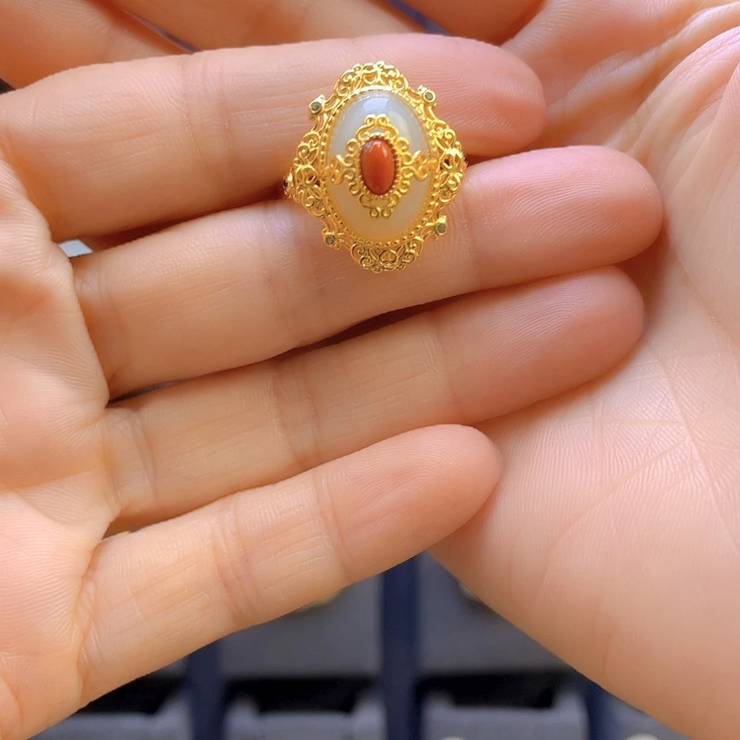 和田玉戒指银S925镀金镶嵌
