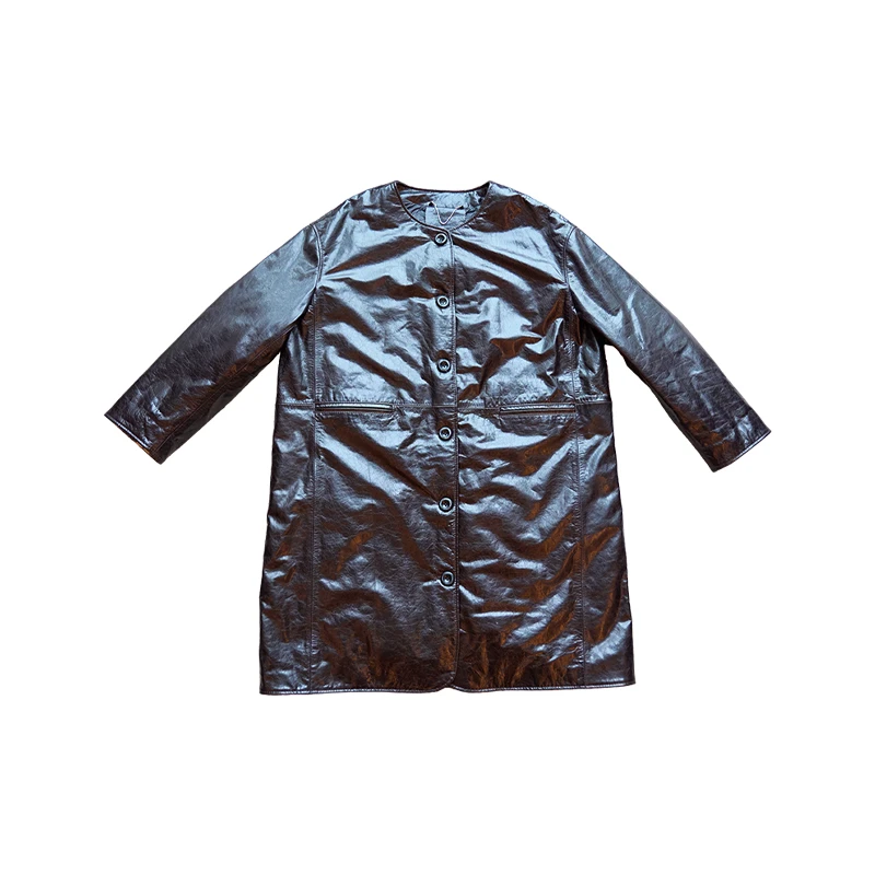 【U.M】翡翠油蜡头层牛皮圆领新国标90白鹅绒中长保暖羽绒服