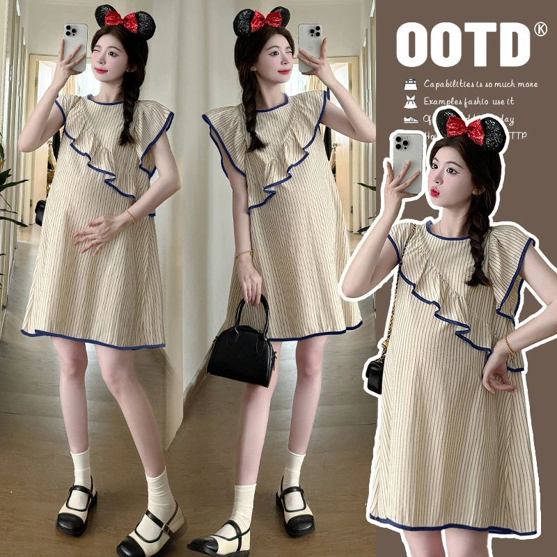 2025夏新款法式条纹小飞袖设计感荷叶边娃娃A字甜美小个子孕妇裙