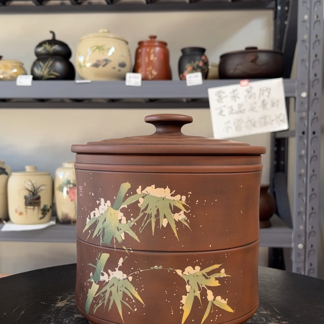 正品红泥哑光彩填醒茶罐