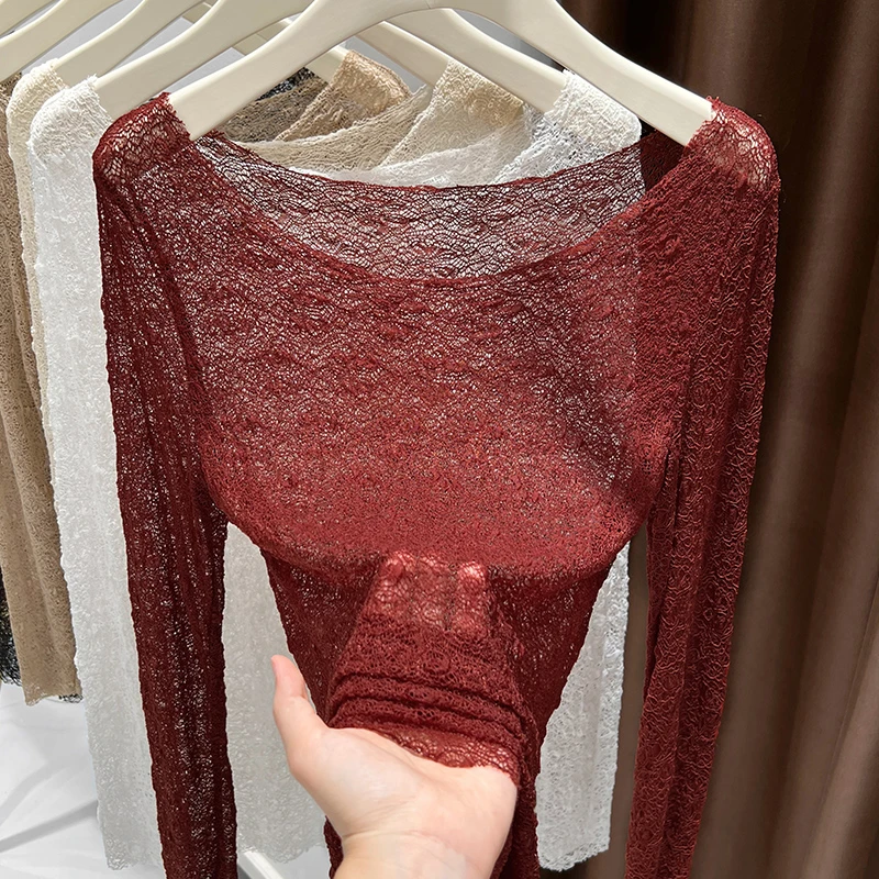 红色蕾丝打底衫圆领肌理感上衣女秋季新款镂空内搭高级感长袖T恤