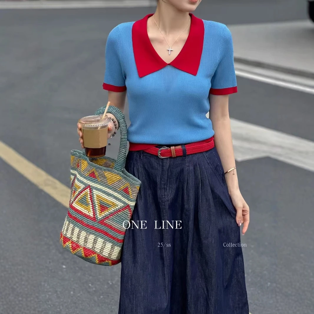 2025年夏季独特时髦蓝红撞色针织短袖气质百搭漂亮上衣T恤针织衫