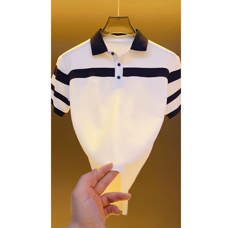 欧货轻奢高定男装polo领上衣2025夏季新款Ins撞色百搭休闲白色T恤