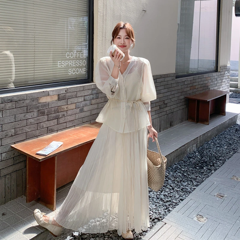 温柔风V领罩衫吊带半身裙套装2025春秋新款小众气质知性风三件套