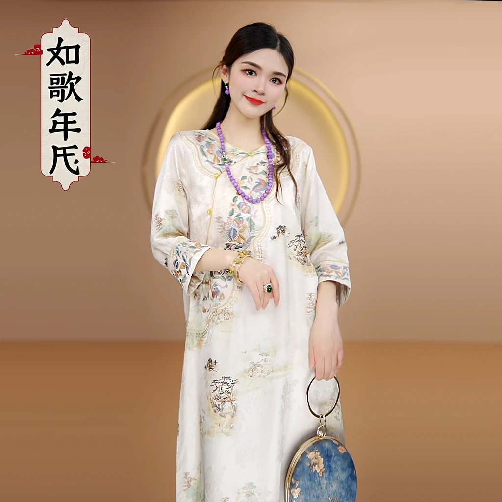 沁园春-如歌年代国风重工刺绣盘扣中袖复古印花连衣裙气质裙子女