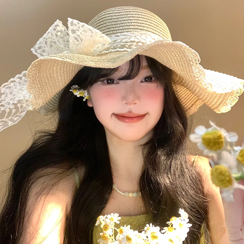 法式蕾丝蝴蝶结草帽女夏海边沙滩波浪边大帽檐太阳帽遮阳防晒帽子