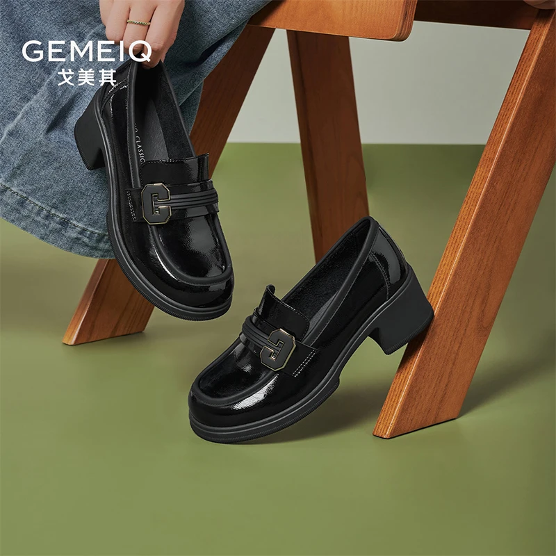 戈美其春季粗跟单鞋百搭春秋乐福鞋时尚皮鞋玛丽珍女鞋平底A15