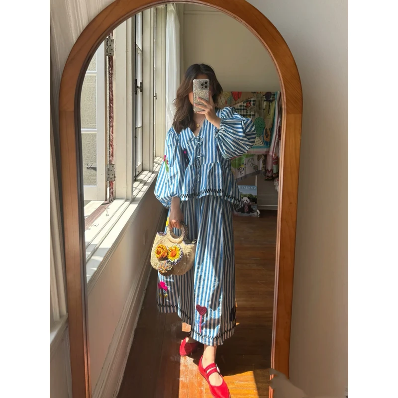 ES.南油原创小众设计师条纹海洋蓝白夏季百搭刺绣上衣半身裙