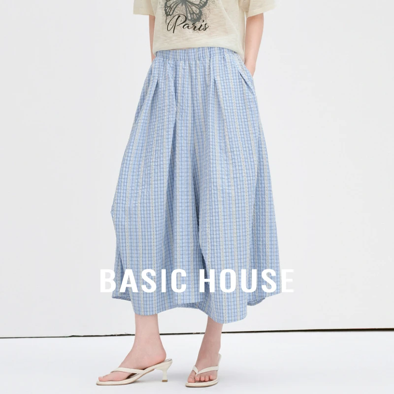 Basic House/百家好松紧腰蓝白格纹裙裤夏季新款宽松不规则阔腿裤