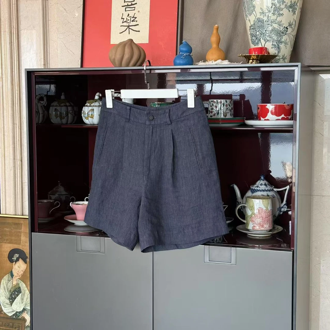 MYL 2025年秋季新品藏青软亚麻短裤直筒简约中腰百搭纯色短裤