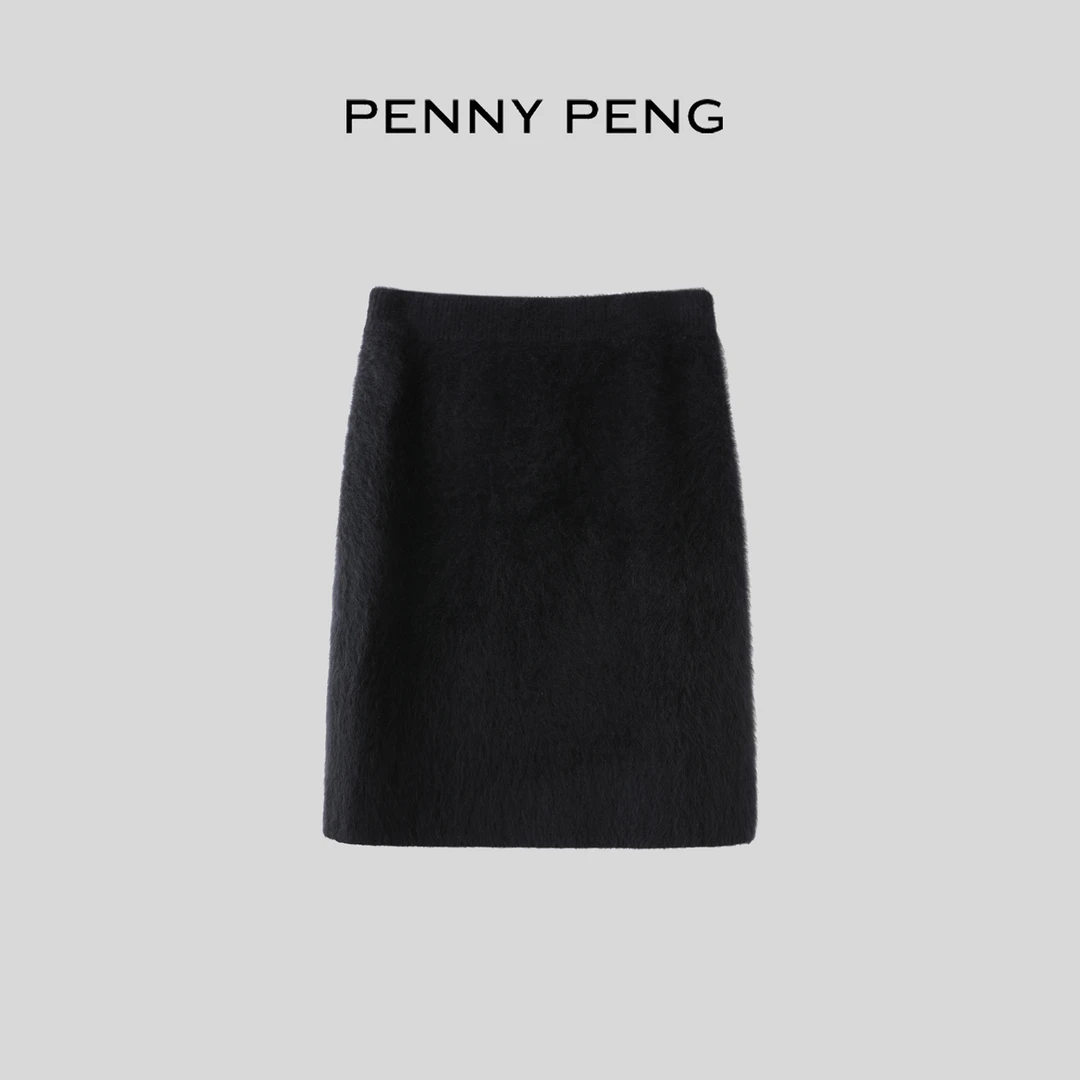 PENNYPENG 旧书页 黑标系列秋冬黑色气质慵懒风狐狸绒松紧腰半裙