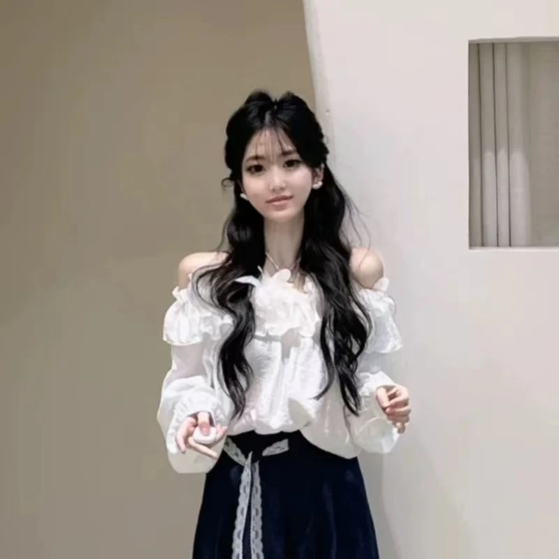 春季一整套女装2025新款韩系时尚穿搭一字肩衬衫阔腿裤套装-2510