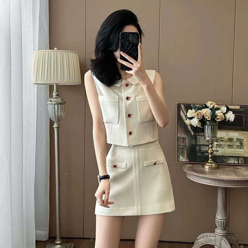 夏季减龄时尚无袖小香风套装女小个子气质千金感短裙两件套感