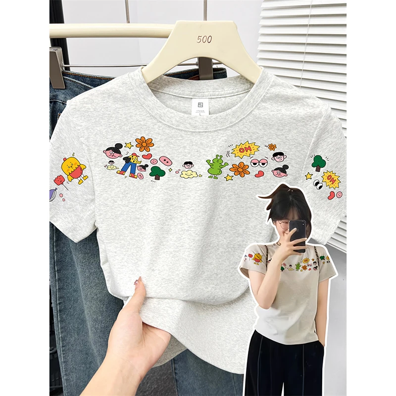 洋气圆领正肩短袖t恤女夏季新款韩版休闲百搭正肩显瘦小衫上衣服