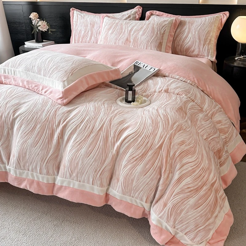 【实体】高克重立体雕花牛奶绒双拼角轻奢四件套-印象叶影jnz