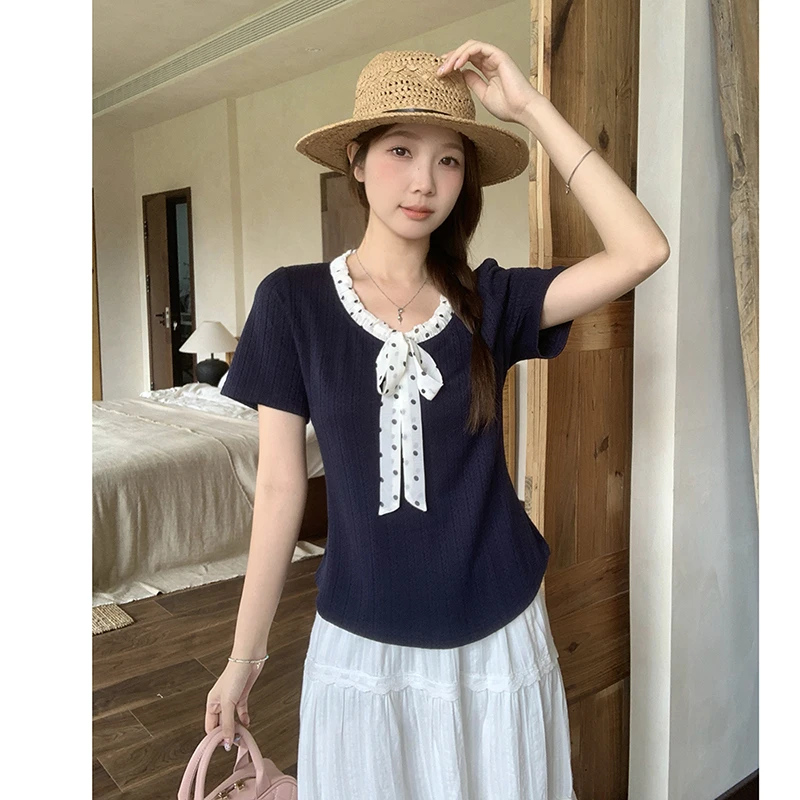 夏装新款胖mm大码女士优雅气质波点系带蝴蝶结正肩短袖T恤上衣女