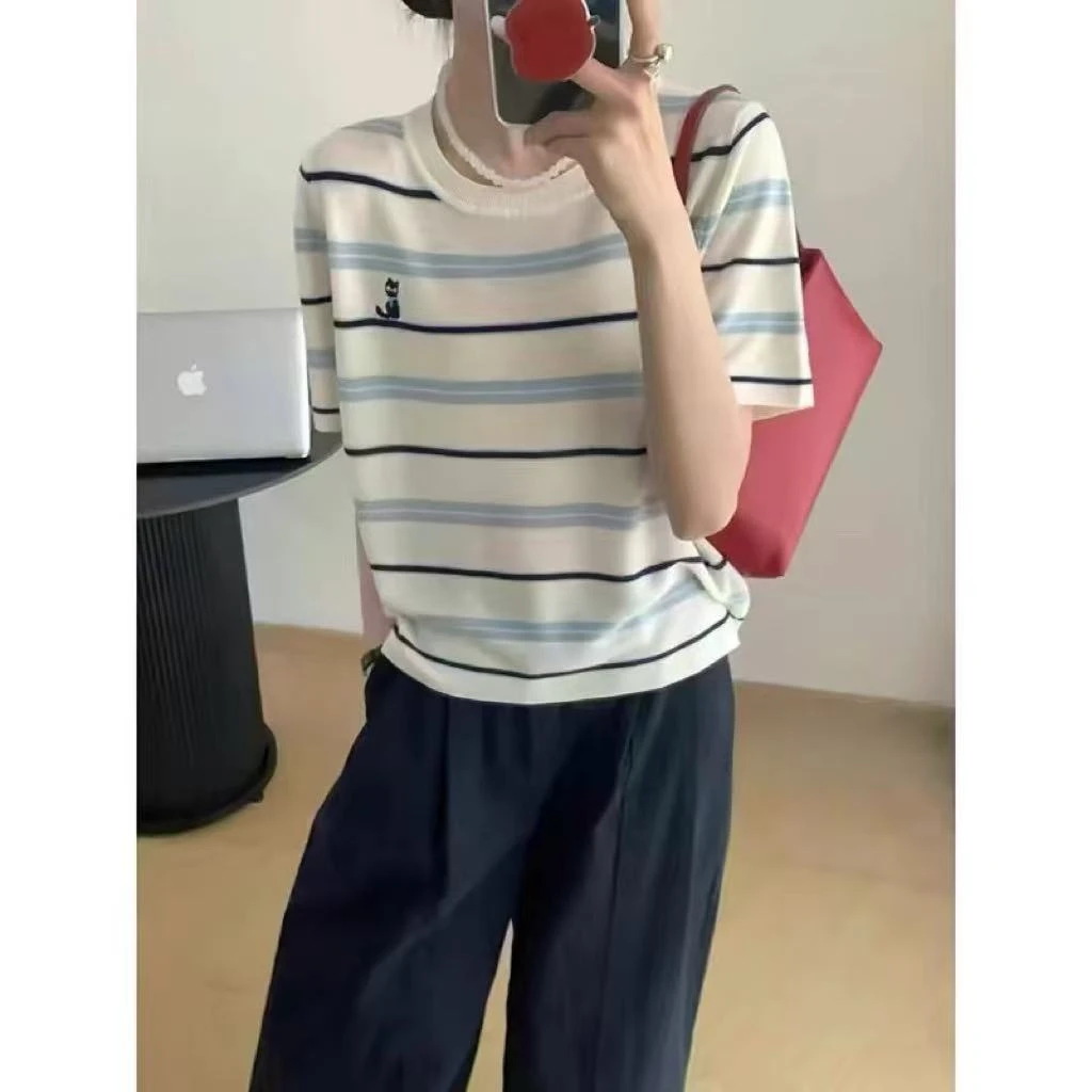 /蓝条小猫/条纹猫咪刺绣短袖薄25夏季新款上衣衣长54胸围52 95175
