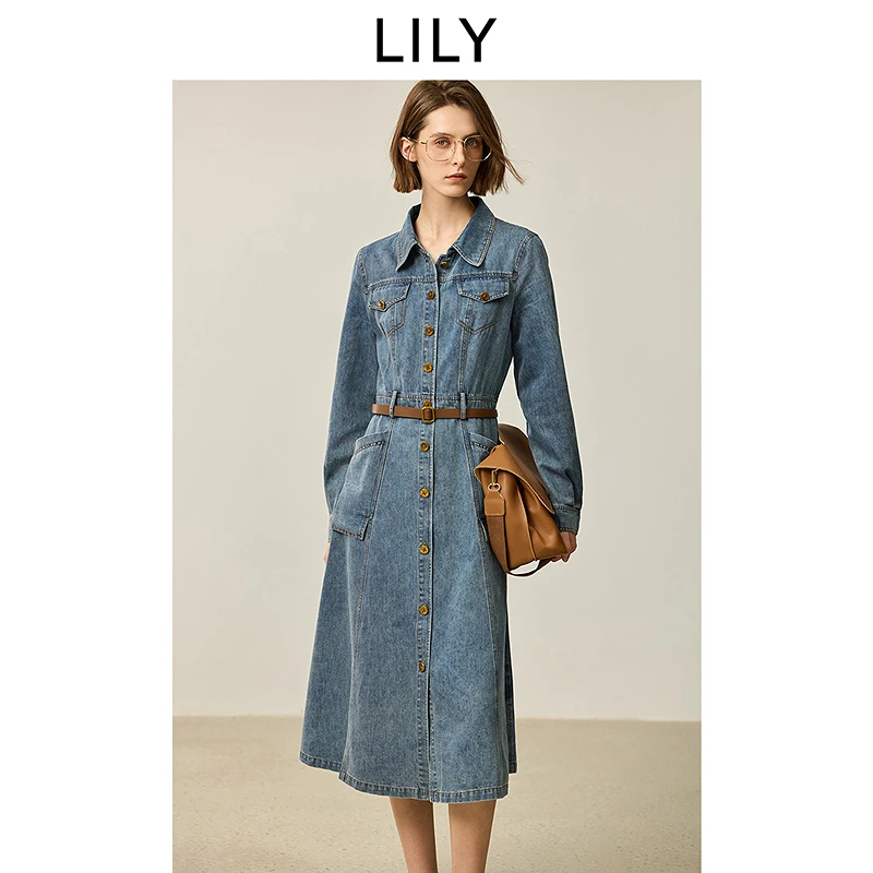 LILY新款经典复古简约收腰显瘦通勤衬衫领牛仔连衣裙124359G7988