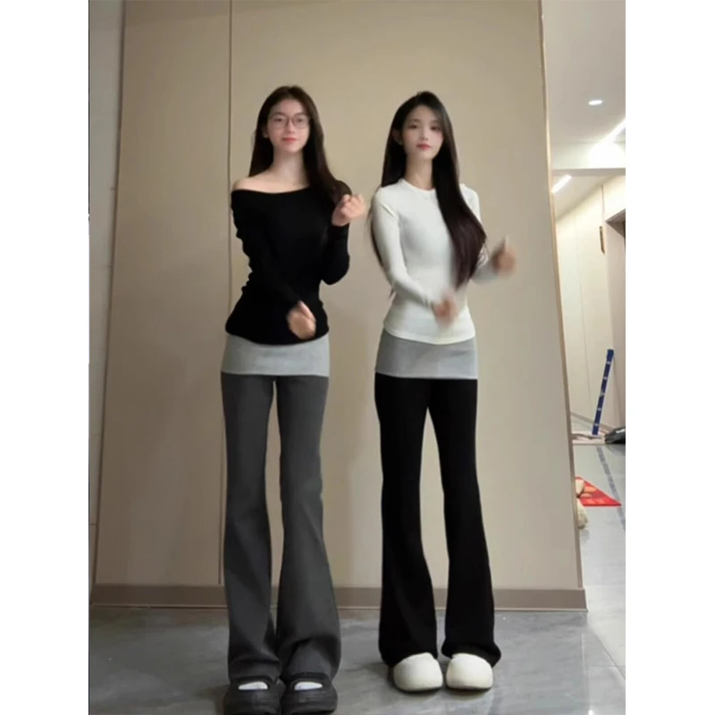 美式辣妹翻边撞色微喇卫裤女春季2025新款高腰修身百搭休闲运动裤