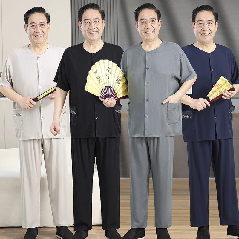 夏季新款2025轻薄透气棉绸男爸爸款开衫短袖长裤套装