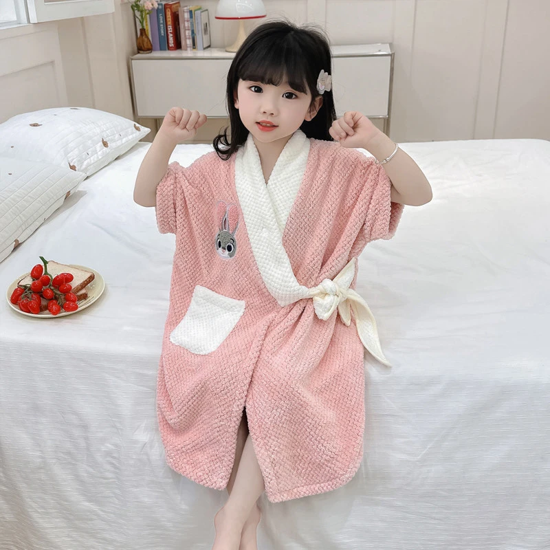 儿童家居浴袍夏季少女风居家卡通风女童睡袍休闲风长款欧若精灵风