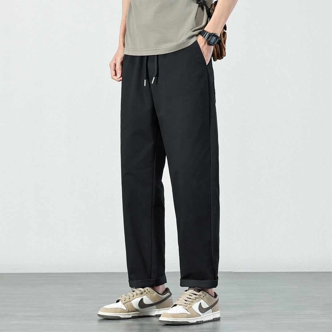 2025年夏季纯棉透气松紧腰休闲裤男士宽松直筒锥形薄款长裤子潮男