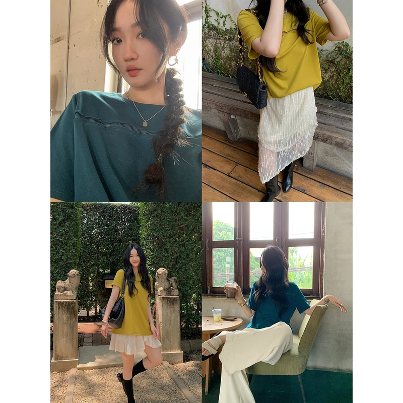 任小艺设计感割破显瘦简约短袖t恤女夏季新款宽松小众别致上衣