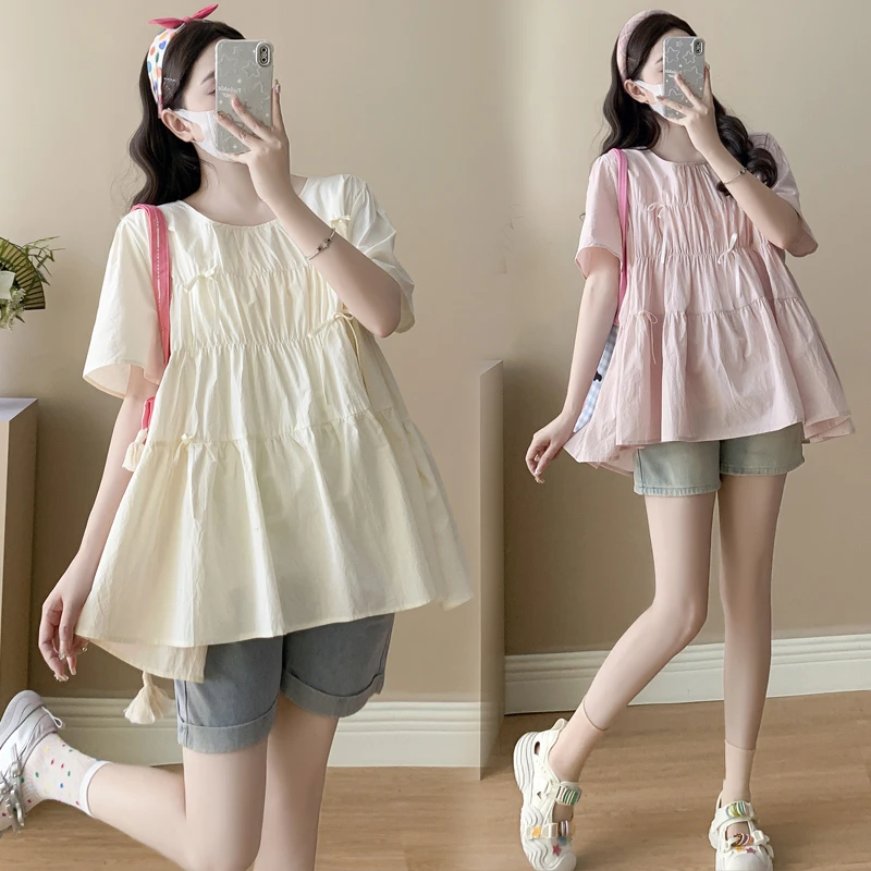 夏季孕妇上衣时尚百搭圆领减龄显瘦通勤娃娃衫短袖洋气夏天衬衣