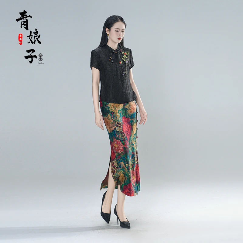 青娘子香云纱（丹钰）龟裂纹刺绣斜襟复古中国风短上衣50701