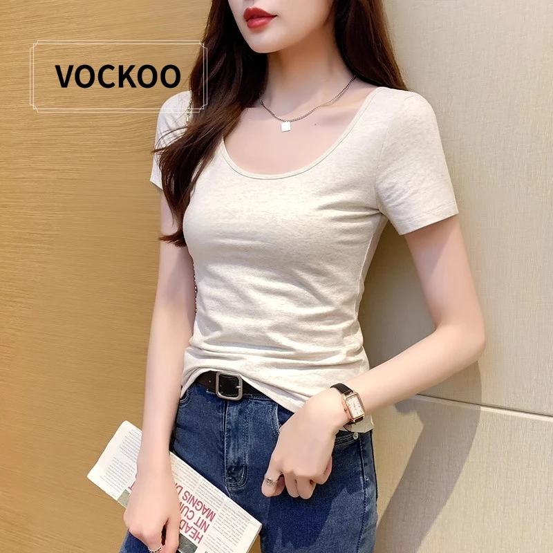 VOCKOOu领t恤女短袖2025年新款低领春夏季大领口打底修身显瘦打底