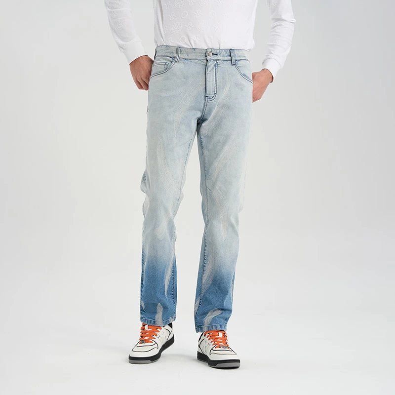 RARE威雅男裤春夏新款笔触提花水洗渐变蓝色牛仔裤男士裤子