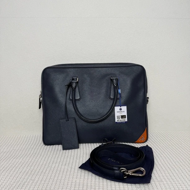 99新 Prada/普拉达 5883/男士时尚商务蓝色全皮公文包