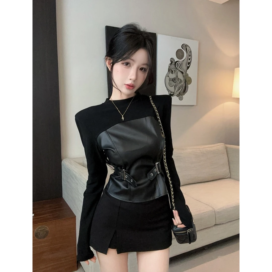 辣妹pu皮拼接长袖黑色打底衫T恤女设计感秋冬绝美收腰显瘦上衣