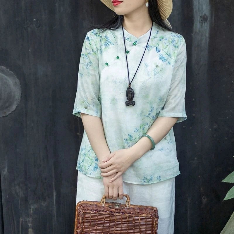 7363#新中式上衣女短款复古立领斜襟印花衬衫女2025夏季