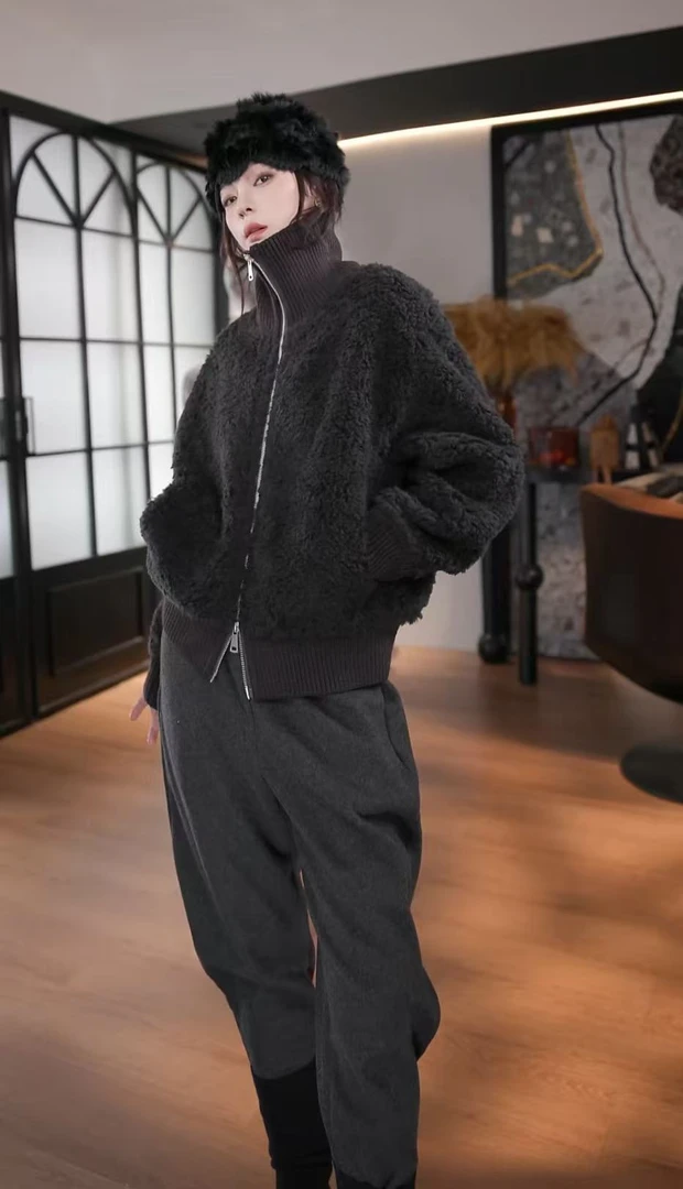 BANINGNA2025欧货小众高定拼接时髦简约拉链高领100羊毛外套41253