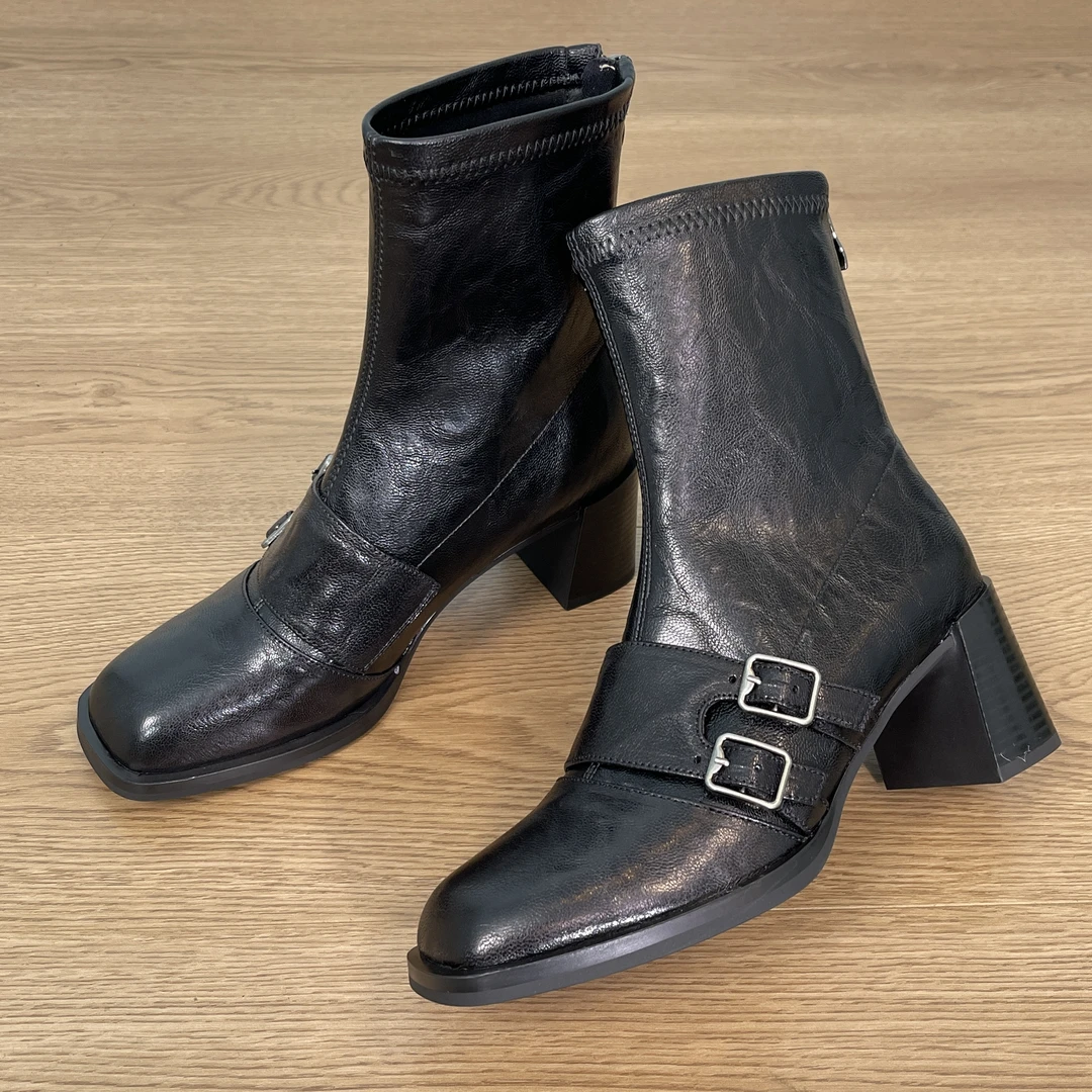 6.5cm 短筒靴粗跟高跟弹力靴欧美拉链气质时装靴中跟简约短靴