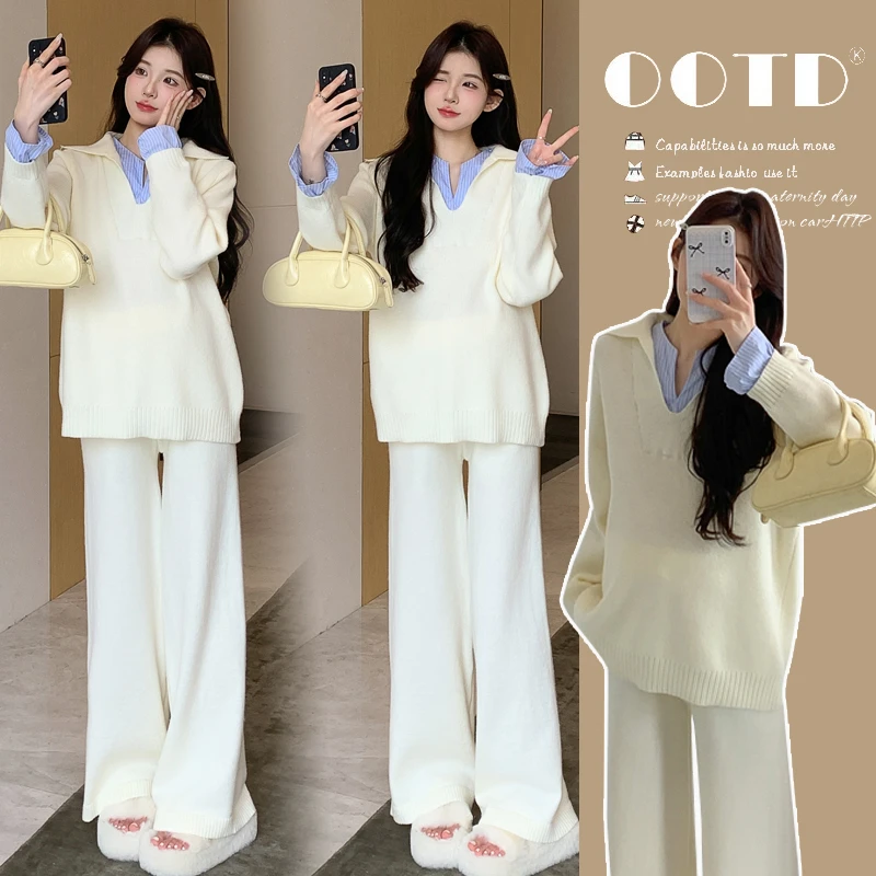 孕妇秋冬装2025新款外穿韩版宽松休闲时尚拼接长袖显瘦阔腿裤套装