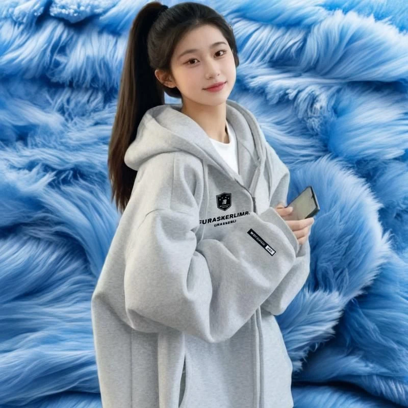 新款时尚连帽卫衣外套长袖秋冬加绒慵懒纯欲外穿通勤学院宽松休闲