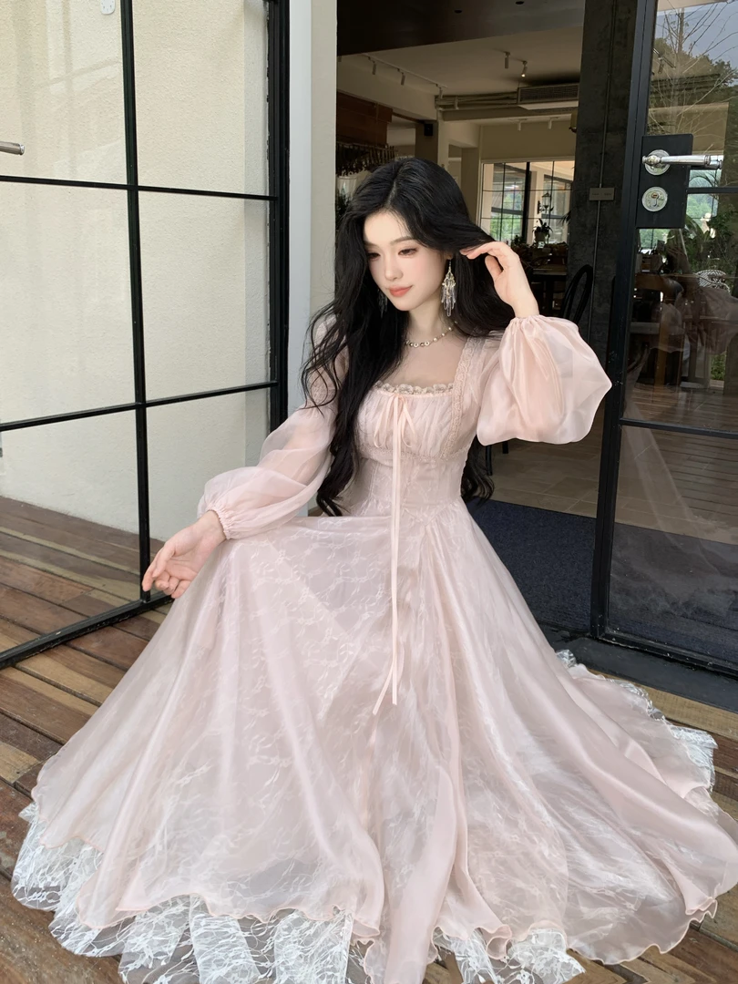 法式优雅千金风气质蕾丝网纱粉色长袖连衣裙女2025秋季新款仙女裙
