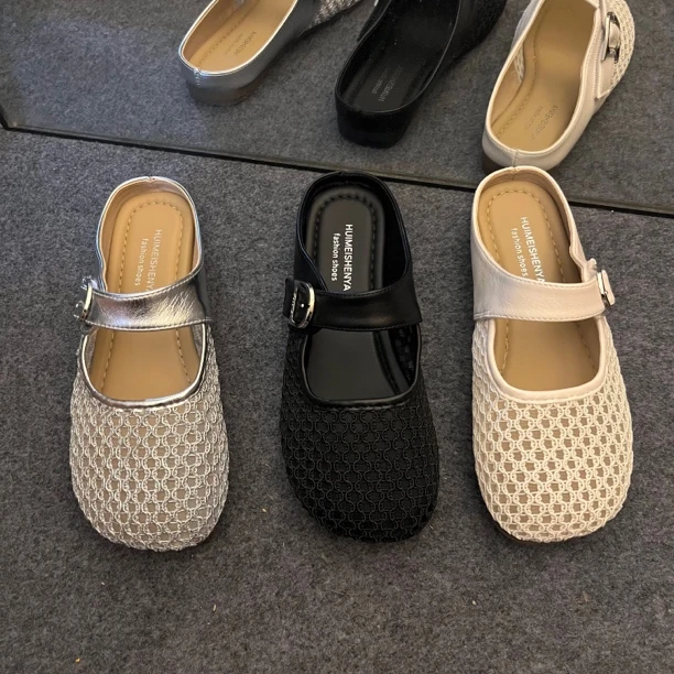 网面包头半拖鞋女夏季外穿2025新款平底镂空透气半托法式配裙凉拖