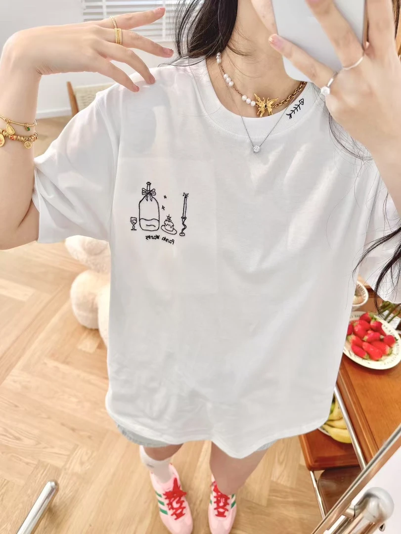 夏季pandawarks熊猫纸袋25228简约小刺绣棉短袖T恤外穿内搭韩