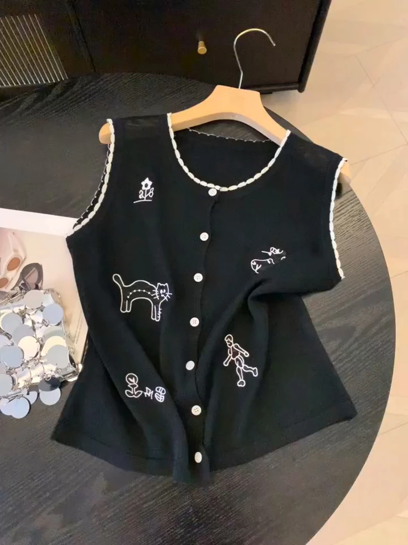 小众卡通风翻领动物印花无袖背心女夏2025夏季新款百搭休闲上衣潮