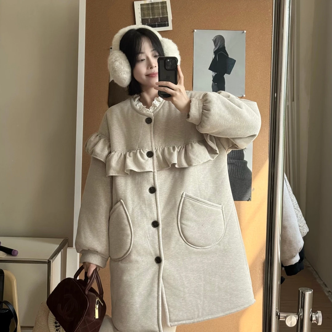 2025秋冬新款三层加绒加厚荷叶边拼接外套甜美复古风保暖中长款