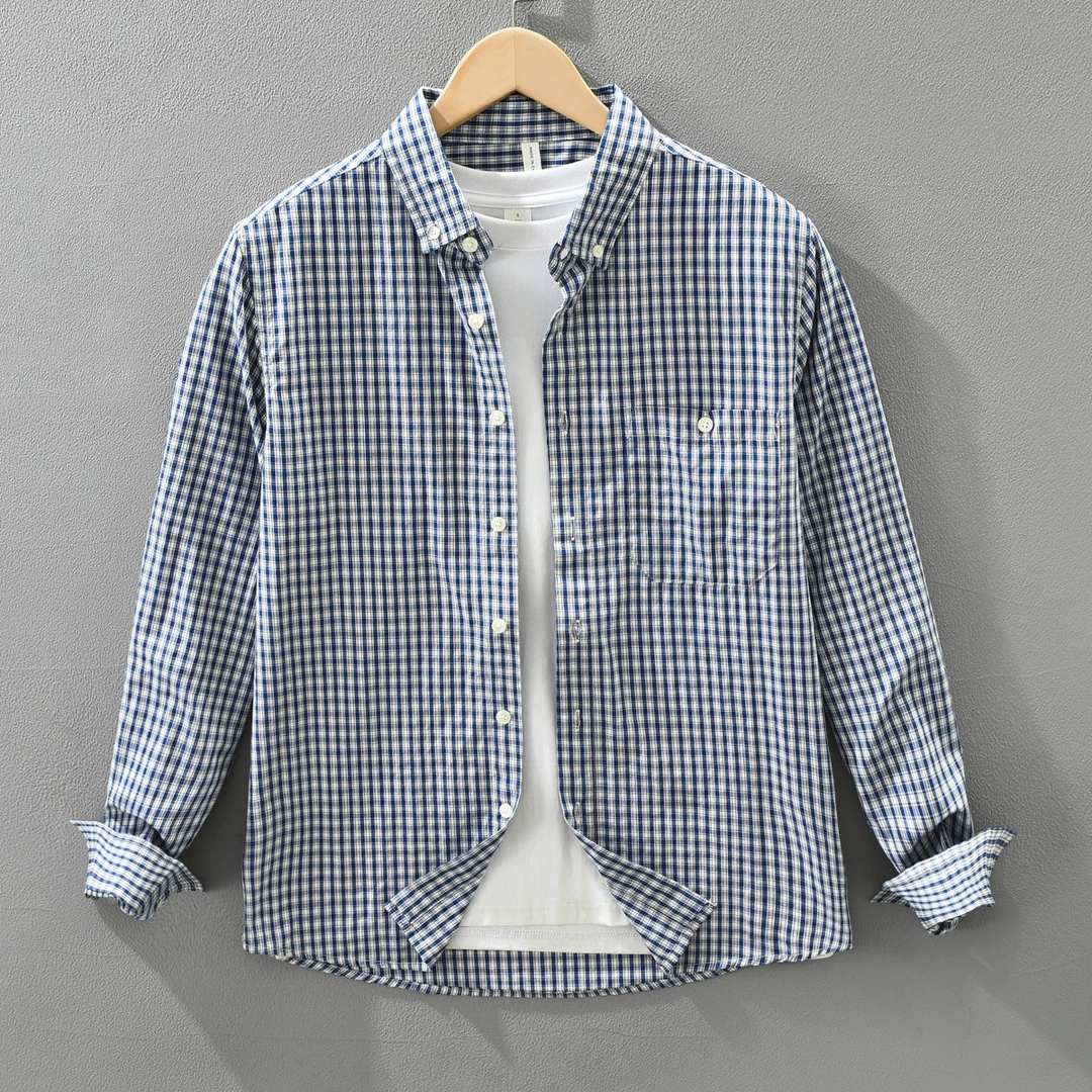 日系复古格子长袖衬衫男装文艺休闲百搭秋季新款时尚衬衣服外套