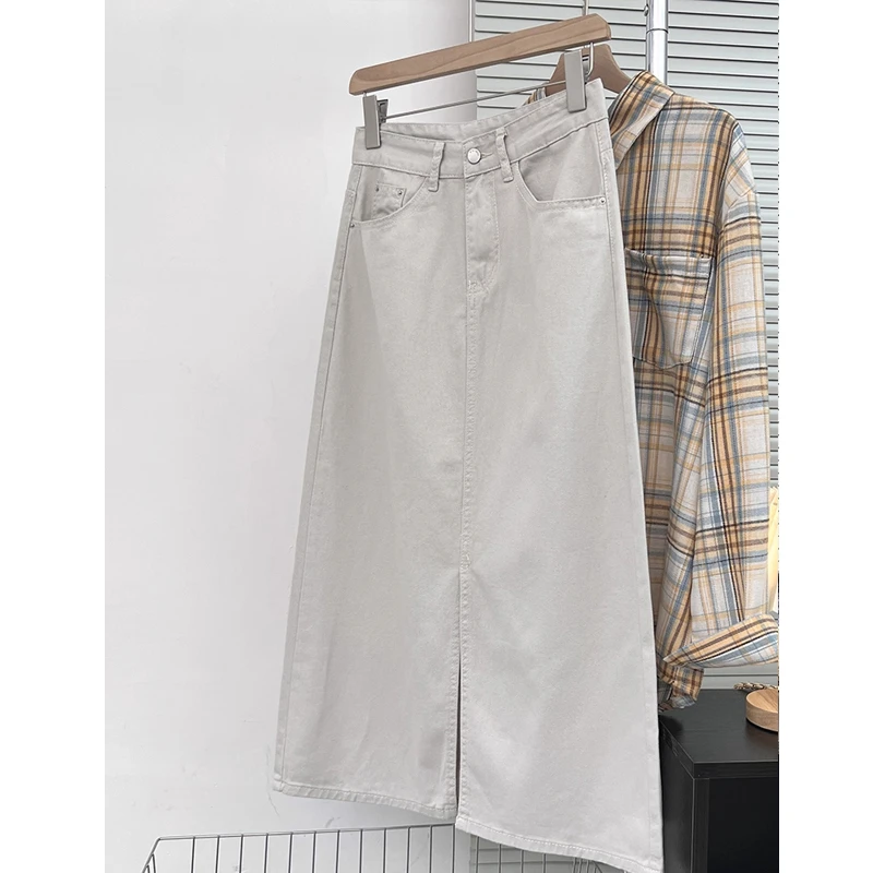 米白色开叉牛仔半身裙女2025新款夏秋季大码高腰显瘦中长款a字裙